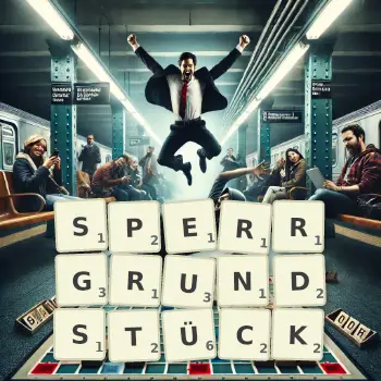 Kreative Illustration für ein Scrabble-Spiel, bei dem das Wort SPERRGRUNDSTÜCK mit Steinen auf dem Brett gelegt wurde.