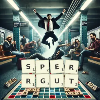 Kreative Illustration für ein Scrabble-Spiel, bei dem das Wort SPERRGUT mit Steinen auf dem Brett gelegt wurde.