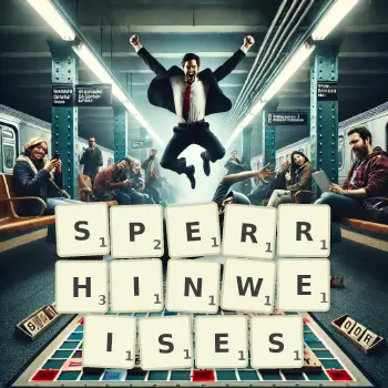 Kreative Illustration für ein Scrabble-Spiel, bei dem das Wort SPERRHINWEISES mit Steinen auf dem Brett gelegt wurde.