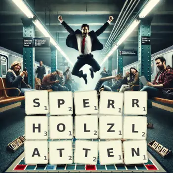 Kreative Illustration für ein Scrabble-Spiel, bei dem das Wort SPERRHOLZLATTEN mit Steinen auf dem Brett gelegt wurde.