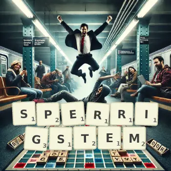 Kreative Illustration für ein Scrabble-Spiel, bei dem das Wort SPERRIGSTEM mit Steinen auf dem Brett gelegt wurde.