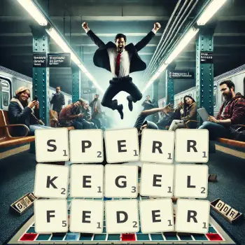 Kreative Illustration für ein Scrabble-Spiel, bei dem das Wort SPERRKEGELFEDER mit Steinen auf dem Brett gelegt wurde.