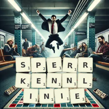 Kreative Illustration für ein Scrabble-Spiel, bei dem das Wort SPERRKENNLINIE mit Steinen auf dem Brett gelegt wurde.