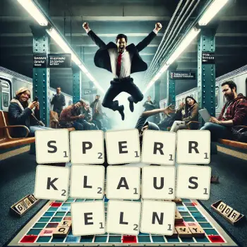 Kreative Illustration für ein Scrabble-Spiel, bei dem das Wort SPERRKLAUSELN mit Steinen auf dem Brett gelegt wurde.