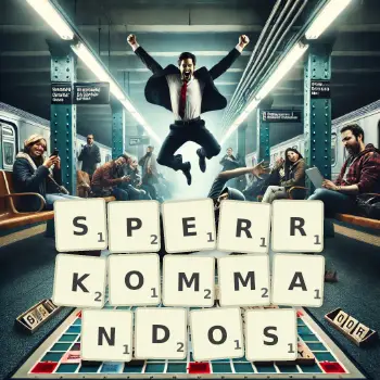 Kreative Illustration für ein Scrabble-Spiel, bei dem das Wort SPERRKOMMANDOS mit Steinen auf dem Brett gelegt wurde.