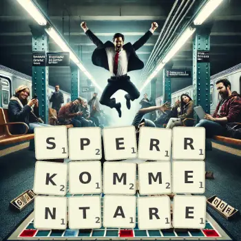 Kreative Illustration für ein Scrabble-Spiel, bei dem das Wort SPERRKOMMENTARE mit Steinen auf dem Brett gelegt wurde.