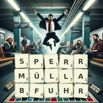 Kreative Illustration für ein Scrabble-Spiel, bei dem das Wort SPERRMÜLLABFUHR mit Steinen auf dem Brett gelegt wurde.