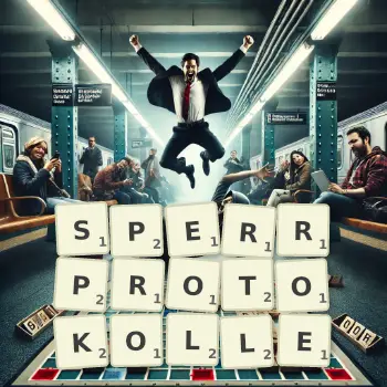 Kreative Illustration für ein Scrabble-Spiel, bei dem das Wort SPERRPROTOKOLLE mit Steinen auf dem Brett gelegt wurde.