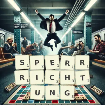 Kreative Illustration für ein Scrabble-Spiel, bei dem das Wort SPERRRICHTUNG mit Steinen auf dem Brett gelegt wurde.
