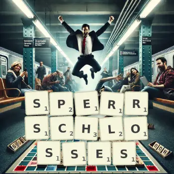Kreative Illustration für ein Scrabble-Spiel, bei dem das Wort SPERRSCHLOSSES mit Steinen auf dem Brett gelegt wurde.