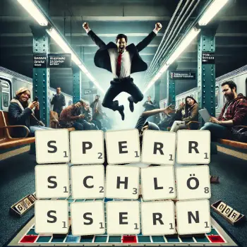 Kreative Illustration für ein Scrabble-Spiel, bei dem das Wort SPERRSCHLÖSSERN mit Steinen auf dem Brett gelegt wurde.
