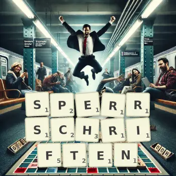 Kreative Illustration für ein Scrabble-Spiel, bei dem das Wort SPERRSCHRIFTEN mit Steinen auf dem Brett gelegt wurde.