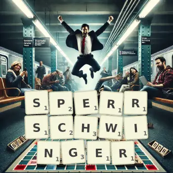Kreative Illustration für ein Scrabble-Spiel, bei dem das Wort SPERRSCHWINGER mit Steinen auf dem Brett gelegt wurde.