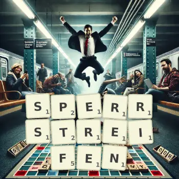 Kreative Illustration für ein Scrabble-Spiel, bei dem das Wort SPERRSTREIFEN mit Steinen auf dem Brett gelegt wurde.