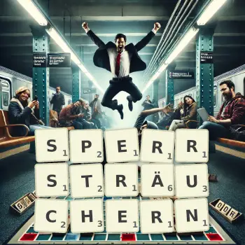 Kreative Illustration für ein Scrabble-Spiel, bei dem das Wort SPERRSTRÄUCHERN mit Steinen auf dem Brett gelegt wurde.