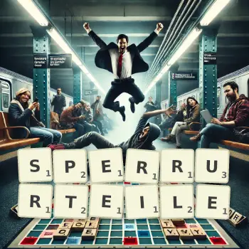 Kreative Illustration für ein Scrabble-Spiel, bei dem das Wort SPERRURTEILE mit Steinen auf dem Brett gelegt wurde.