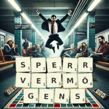 Kreative Illustration für ein Scrabble-Spiel, bei dem das Wort SPERRVERMÖGENS mit Steinen auf dem Brett gelegt wurde.