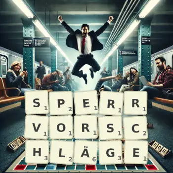 Kreative Illustration für ein Scrabble-Spiel, bei dem das Wort SPERRVORSCHLÄGE mit Steinen auf dem Brett gelegt wurde.