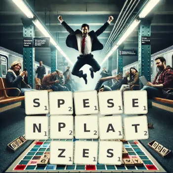Kreative Illustration für ein Scrabble-Spiel, bei dem das Wort SPESENPLATZES mit Steinen auf dem Brett gelegt wurde.