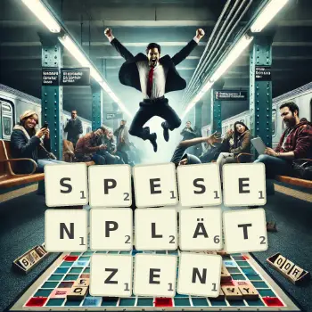 Kreative Illustration für ein Scrabble-Spiel, bei dem das Wort SPESENPLÄTZEN mit Steinen auf dem Brett gelegt wurde.