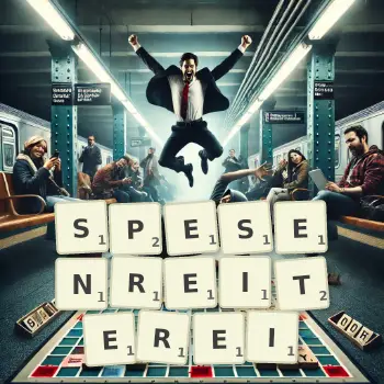 Kreative Illustration für ein Scrabble-Spiel, bei dem das Wort SPESENREITEREI mit Steinen auf dem Brett gelegt wurde.