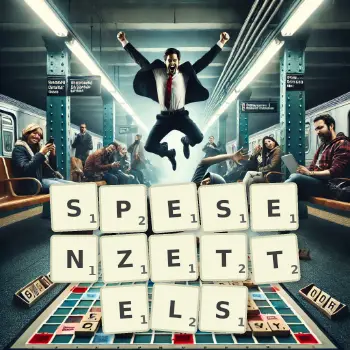 Kreative Illustration für ein Scrabble-Spiel, bei dem das Wort SPESENZETTELS mit Steinen auf dem Brett gelegt wurde.