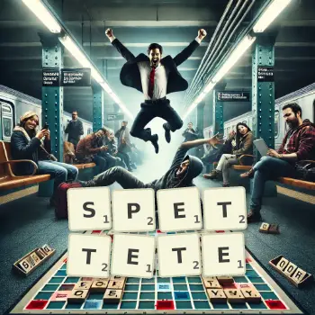 Kreative Illustration für ein Scrabble-Spiel, bei dem das Wort SPETTETE mit Steinen auf dem Brett gelegt wurde.