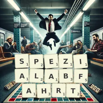 Kreative Illustration für ein Scrabble-Spiel, bei dem das Wort SPEZIALABFAHRT mit Steinen auf dem Brett gelegt wurde.