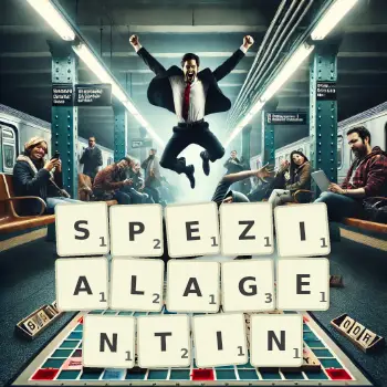 Kreative Illustration für ein Scrabble-Spiel, bei dem das Wort SPEZIALAGENTIN mit Steinen auf dem Brett gelegt wurde.