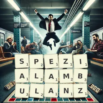 Kreative Illustration für ein Scrabble-Spiel, bei dem das Wort SPEZIALAMBULANZ mit Steinen auf dem Brett gelegt wurde.