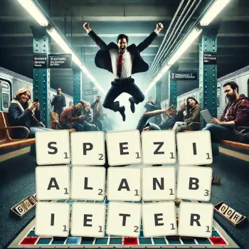 Kreative Illustration für ein Scrabble-Spiel, bei dem das Wort SPEZIALANBIETER mit Steinen auf dem Brett gelegt wurde.