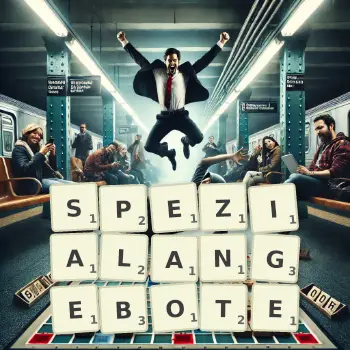 Kreative Illustration für ein Scrabble-Spiel, bei dem das Wort SPEZIALANGEBOTE mit Steinen auf dem Brett gelegt wurde.