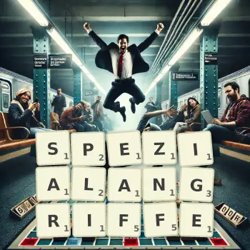 Kreative Illustration für ein Scrabble-Spiel, bei dem das Wort SPEZIALANGRIFFE mit Steinen auf dem Brett gelegt wurde.