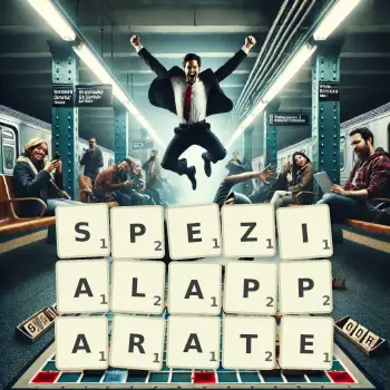 Kreative Illustration für ein Scrabble-Spiel, bei dem das Wort SPEZIALAPPARATE mit Steinen auf dem Brett gelegt wurde.