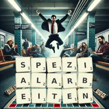 Kreative Illustration für ein Scrabble-Spiel, bei dem das Wort SPEZIALARBEITEN mit Steinen auf dem Brett gelegt wurde.