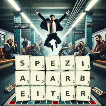 Kreative Illustration für ein Scrabble-Spiel, bei dem das Wort SPEZIALARBEITER mit Steinen auf dem Brett gelegt wurde.