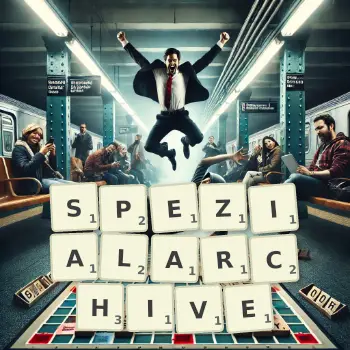 Kreative Illustration für ein Scrabble-Spiel, bei dem das Wort SPEZIALARCHIVE mit Steinen auf dem Brett gelegt wurde.
