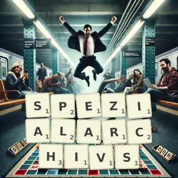 Kreative Illustration für ein Scrabble-Spiel, bei dem das Wort SPEZIALARCHIVS mit Steinen auf dem Brett gelegt wurde.