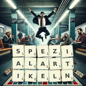 Kreative Illustration für ein Scrabble-Spiel, bei dem das Wort SPEZIALARTIKELN mit Steinen auf dem Brett gelegt wurde.