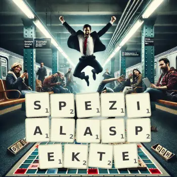 Kreative Illustration für ein Scrabble-Spiel, bei dem das Wort SPEZIALASPEKTE mit Steinen auf dem Brett gelegt wurde.