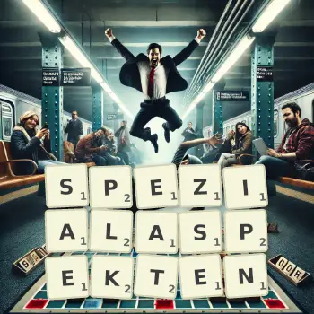 Kreative Illustration für ein Scrabble-Spiel, bei dem das Wort SPEZIALASPEKTEN mit Steinen auf dem Brett gelegt wurde.
