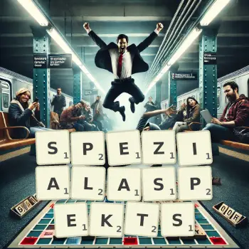 Kreative Illustration für ein Scrabble-Spiel, bei dem das Wort SPEZIALASPEKTS mit Steinen auf dem Brett gelegt wurde.