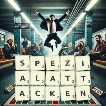 Kreative Illustration für ein Scrabble-Spiel, bei dem das Wort SPEZIALATTACKEN mit Steinen auf dem Brett gelegt wurde.