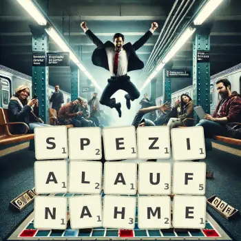 Kreative Illustration für ein Scrabble-Spiel, bei dem das Wort SPEZIALAUFNAHME mit Steinen auf dem Brett gelegt wurde.