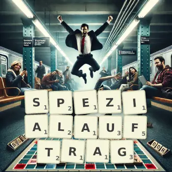 Kreative Illustration für ein Scrabble-Spiel, bei dem das Wort SPEZIALAUFTRAG mit Steinen auf dem Brett gelegt wurde.