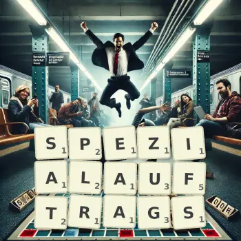 Kreative Illustration für ein Scrabble-Spiel, bei dem das Wort SPEZIALAUFTRAGS mit Steinen auf dem Brett gelegt wurde.