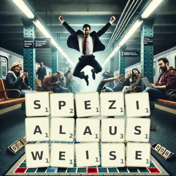 Kreative Illustration für ein Scrabble-Spiel, bei dem das Wort SPEZIALAUSWEISE mit Steinen auf dem Brett gelegt wurde.