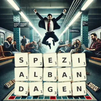 Kreative Illustration für ein Scrabble-Spiel, bei dem das Wort SPEZIALBANDAGEN mit Steinen auf dem Brett gelegt wurde.