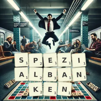 Kreative Illustration für ein Scrabble-Spiel, bei dem das Wort SPEZIALBANKEN mit Steinen auf dem Brett gelegt wurde.