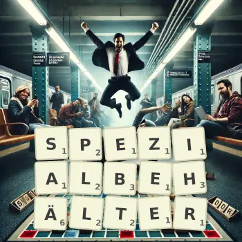 Kreative Illustration für ein Scrabble-Spiel, bei dem das Wort SPEZIALBEHÄLTER mit Steinen auf dem Brett gelegt wurde.